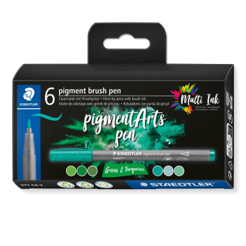 STAEDTLER PIGMENT ARTS BRUSH 6 PEN SET GREEN & TURQ 371C6-3